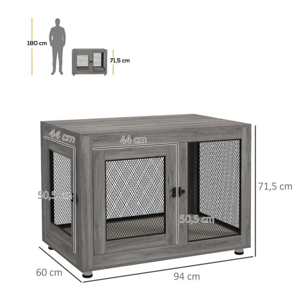 Hundebur til hjemmet, hundebur med 2 dører, vaskbar pute, hundebur med justerbare føtter, lås, for store hunder opptil 30 kg, grå, 94 x 60 x 71,5 cm