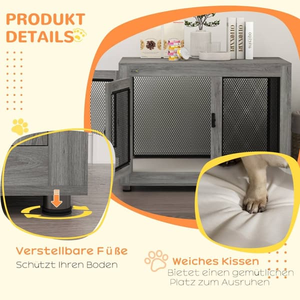 Hundebur til hjemmet, hundebur med 2 dører, vaskbar pute, hundebur med justerbare føtter, lås, for store hunder opptil 30 kg, grå, 94 x 60 x 71,5 cm
