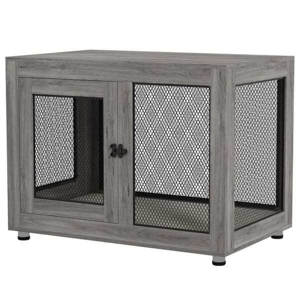 Hundebur til hjemmet, hundebur med 2 døre, vaskbar pude, hundekennel med justerbare fødder, lås, til store hunde op til 30 kg, grå, 94 x 60 x 71,5 cm