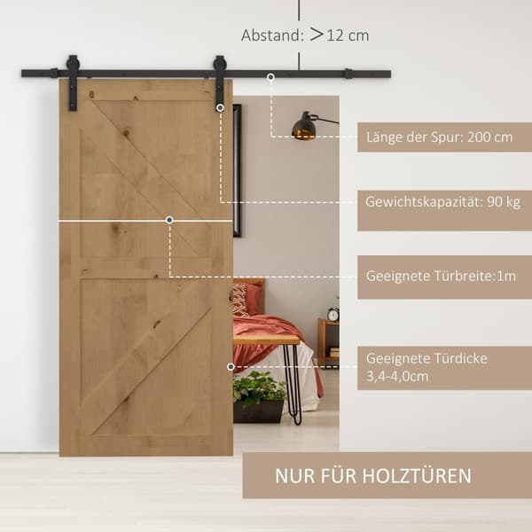 Skydedørsbeslag sæt 200 cm komplet sæt med skinner, ruller, skinnestop, gulvklods, sæt dørskruer, skydedørssystem af kulstål sort