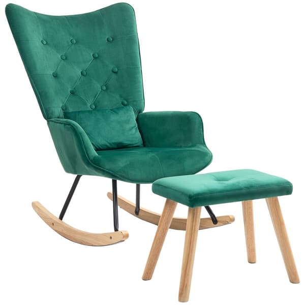 Gyngestol med krakk, avslapningsstol med pute, fløyelslook, vingestol med treben til soverom, stue, 66 x 96 x 101 cm, grønn