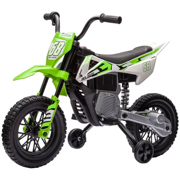 El-motorsykkel for barn, 12V barnemotorsykkel med musikk, barnevogn med avtagbare treningshjul, 2,4-5 km/t, for 3-6 år barn, maks 30 kg, grønn