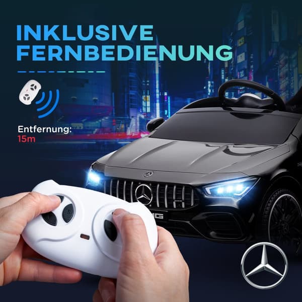 Barnebil 12V barnebil med fjernkontroll, musikk, elbil med lys, USB/MP3-port, reversfunksjon, inntil 5 km/t, for barn 3-6 år, svart