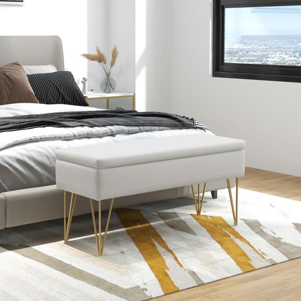Benkpolstret benk med oppbevaringsplass, linlook, sengebenk med stålben, til soverom, stue, gang, 100 x 40 x 49 cm, krem