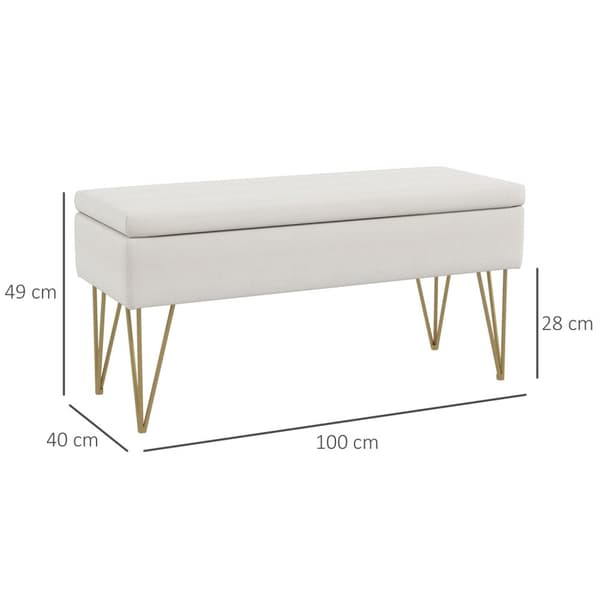 Benkpolstret benk med oppbevaringsplass, linlook, sengebenk med stålben, til soverom, stue, gang, 100 x 40 x 49 cm, krem
