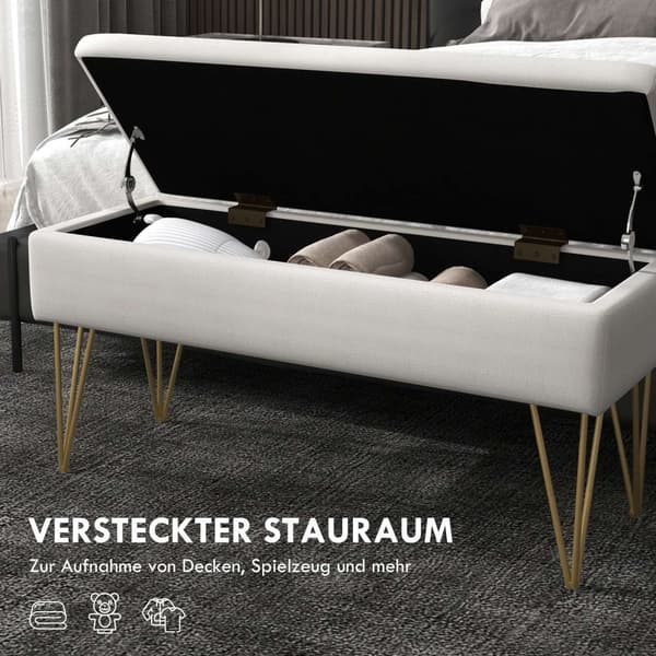 Benkpolstret benk med oppbevaringsplass, linlook, sengebenk med stålben, til soverom, stue, gang, 100 x 40 x 49 cm, krem