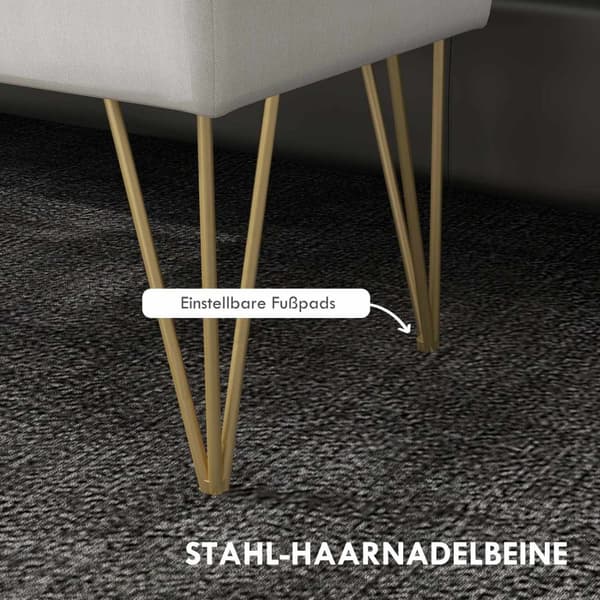 Benkpolstret benk med oppbevaringsplass, linlook, sengebenk med stålben, til soverom, stue, gang, 100 x 40 x 49 cm, krem