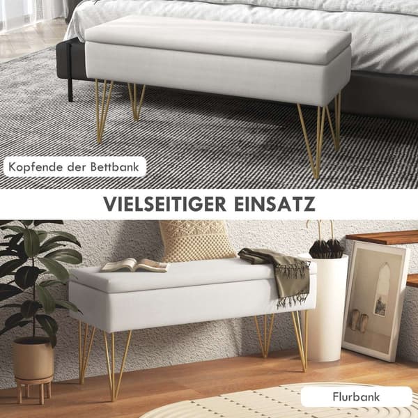 Benkpolstret benk med oppbevaringsplass, linlook, sengebenk med stålben, til soverom, stue, gang, 100 x 40 x 49 cm, krem