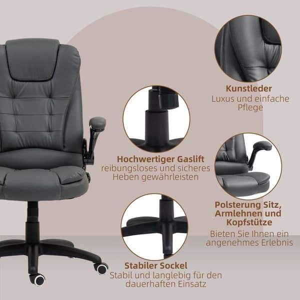 Kontorstol, ergonomisk lederstol med vippefunktion, fold-up armlæn, højdejusterbar skrivebordsstol med drejefunktion til hjemmekontor, imiteret læder,