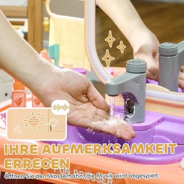 Sminkebord sminkebord for barn med speil, LED-lys, musikk, kosmetikkbord med kran, tilbehør for 3-6 år barn, lilla