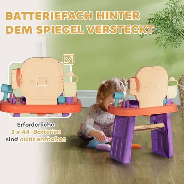 Sminkebord sminkebord for barn med speil, LED-lys, musikk, kosmetikkbord med kran, tilbehør for 3-6 år barn, lilla