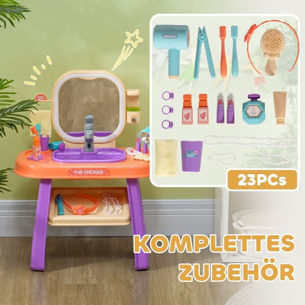 Sminkebord sminkebord for barn med speil, LED-lys, musikk, kosmetikkbord med kran, tilbehør for 3-6 år barn, lilla