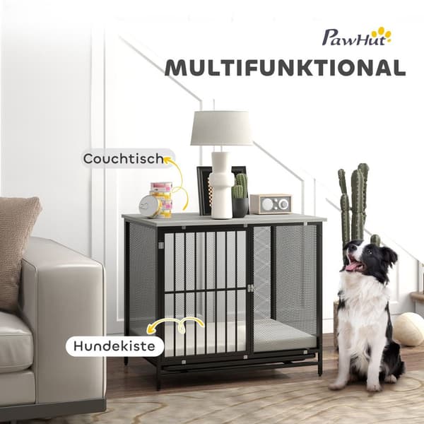 Hundebur til hjemmet, Låsbar hundekennel med pude, Hundebur med paller, Hundehus til mellemstore hunde under 20 kg, Grå, 88 x 55 x 71 cm
