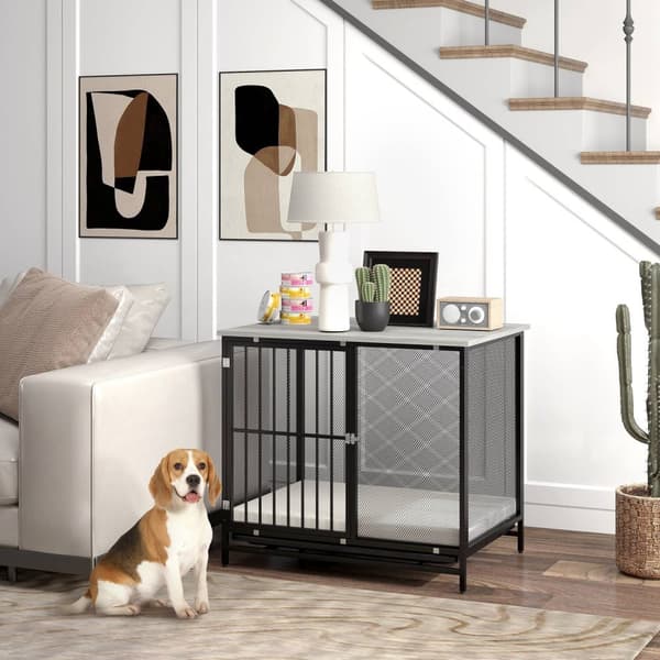 Hundebur til hjemmet, Låsbar hundekennel med pude, Hundebur med paller, Hundehus til mellemstore hunde under 20 kg, Grå, 88 x 55 x 71 cm