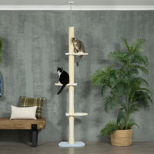 Kradsestolpe, katskrabestolpe lofthøjt, 220-260 cm, klatretræ med legebold, højdejusterbar kattetræ, legetræ med spidsbeskyttelse, plys, gul