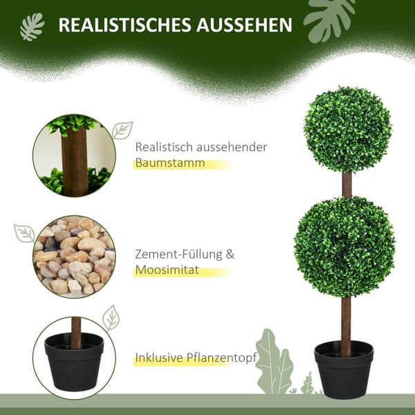 Kunstige planter, sett med 2 buksbom, 90 cm kunstig plante med dobbel kule, UV-bestandig stueplante, kunstig tre, plantedekorasjon for innendørs, uten