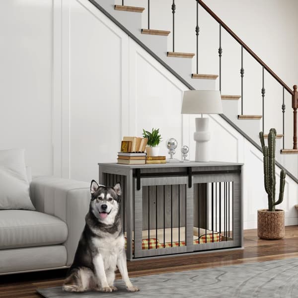 Hundbur för hemmet, Låsbar hundkennel med ingång, Hundbox med skjutdörr, Hundhus för stora hundar under 30 kg, Grå, 98 x 58 x 61 cm