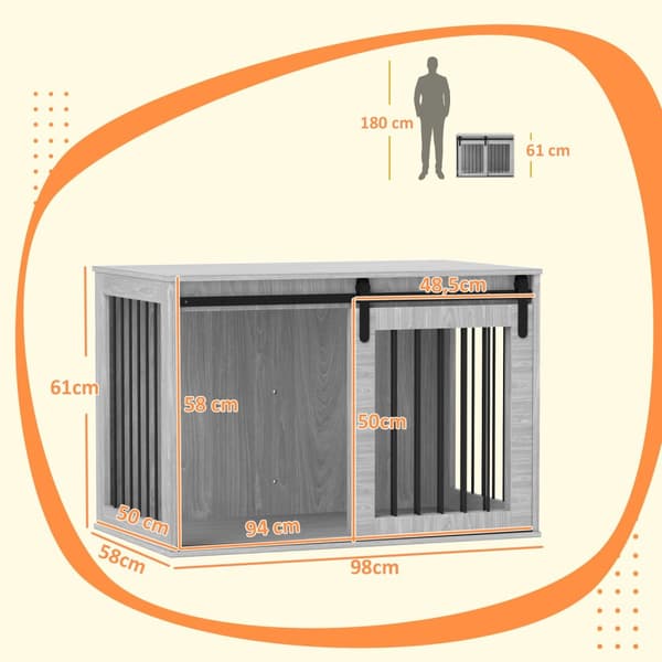 Hundbur för hemmet, Låsbar hundkennel med ingång, Hundbox med skjutdörr, Hundhus för stora hundar under 30 kg, Grå, 98 x 58 x 61 cm