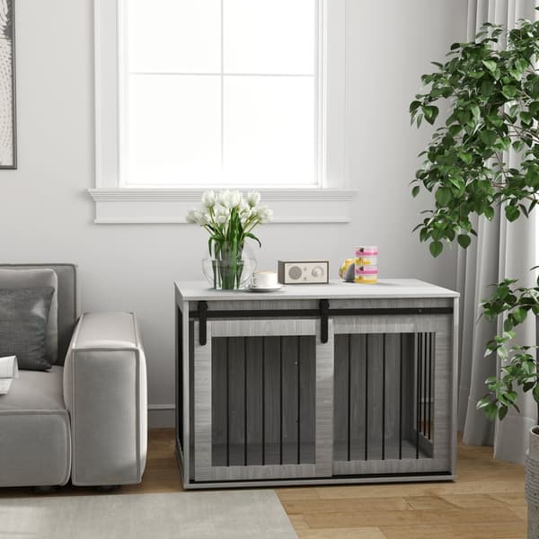 Hundbur för hemmet, Låsbar hundkennel med ingång, Hundbox med skjutdörr, Hundhus för stora hundar under 30 kg, Grå, 98 x 58 x 61 cm