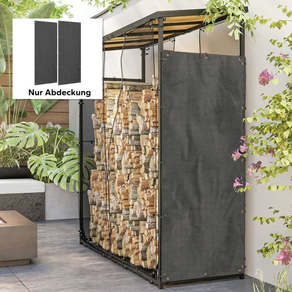 Sett med 2 vedstativdeksler, 148 x 62 cm, vanntett 600D Oxford, UV-beskyttelse, vedstativdeksel, for vedstativ 62-66D x 185H cm, svart