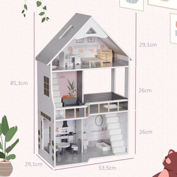 Dockhus i trä, dockhus i 3 våningar med 13 möbler och tillbehör, 85,3 cm hög lekstuga för 3-6 år barn, grå