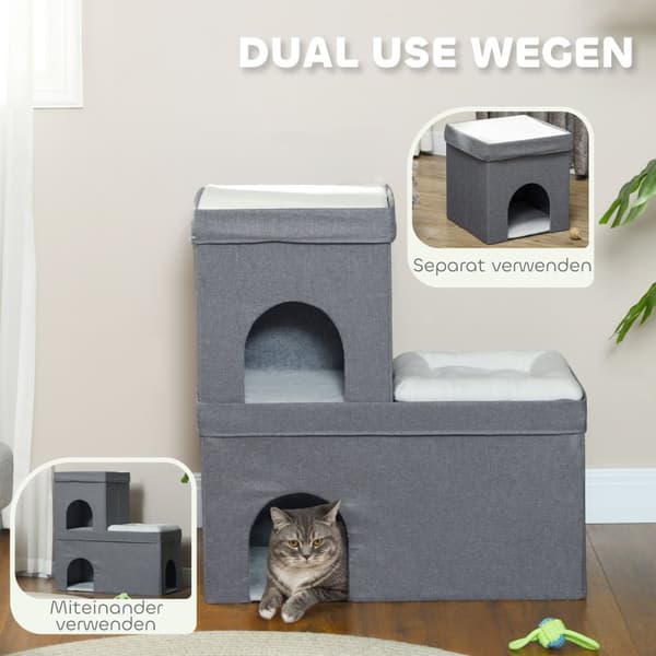 Kattehule kattehus, kattehus med 3 niveauer, katteseng med pude, hundehus til katte op til 5 kg, 74 x 37,5 x 78,5 cm, grå