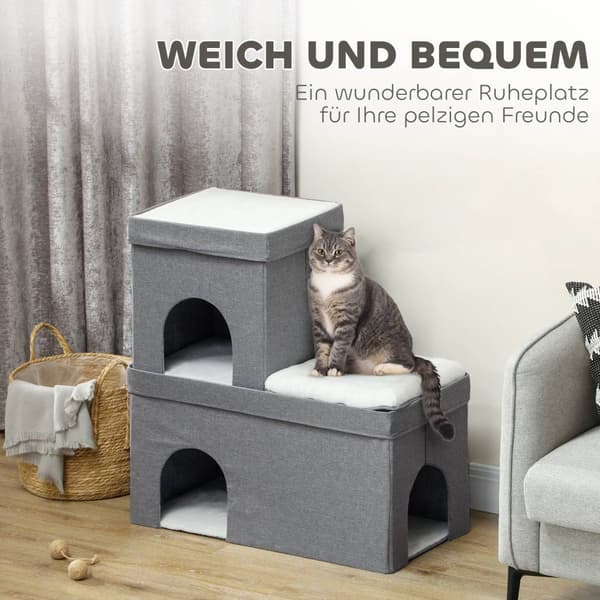 Kattehule kattehus, kattehus med 3 niveauer, katteseng med pude, hundehus til katte op til 5 kg, 74 x 37,5 x 78,5 cm, grå