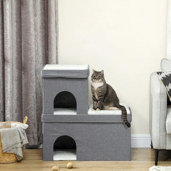 Kattehule kattehus, kattehus med 3 niveauer, katteseng med pude, hundehus til katte op til 5 kg, 74 x 37,5 x 78,5 cm, grå