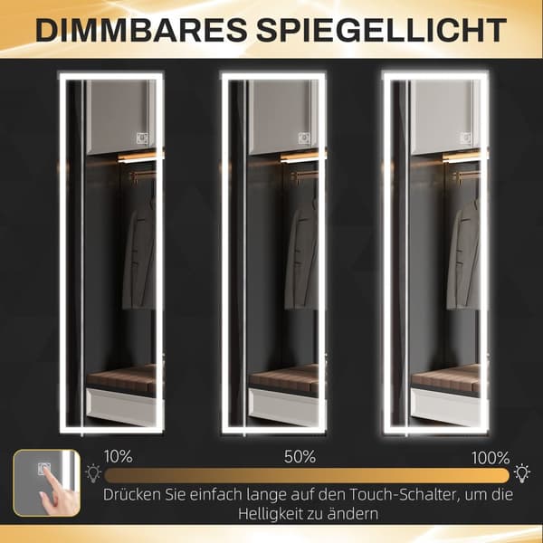 Veggspeil 120 x 40 cm full lengde speil med LED-belysning, 3 lysmothaker, rektangulært speil med berøringsbryter, minnefunksjon for soverom, bad