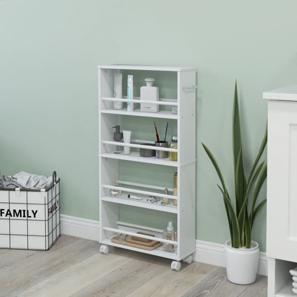Pyörivä vaunu Ohut tarjoiluvaunu 4-kerroksisilla kahvoilla Säilytysvaunu keittiöön olohuoneeseen Valkoinen 45 x 15 x 91 cm