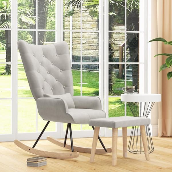 Gyngestol med krakk, avslapningsstol med pute, fløyelslook, vingestol med treben til soverom, stue, 66 x 96 x 101 cm, kremhvit