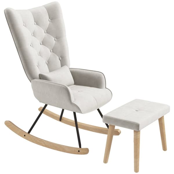 Gyngestol med krakk, avslapningsstol med pute, fløyelslook, vingestol med treben til soverom, stue, 66 x 96 x 101 cm, kremhvit