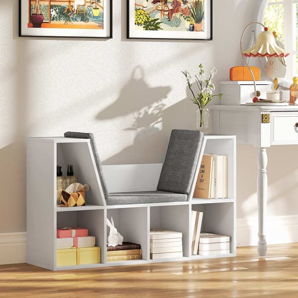 Bokhylle med sittepute, oppbevaringshylle med 6 rom, linlook, liten bokhylle til stue, soverom, 105 x 30 x 63 cm, hvit