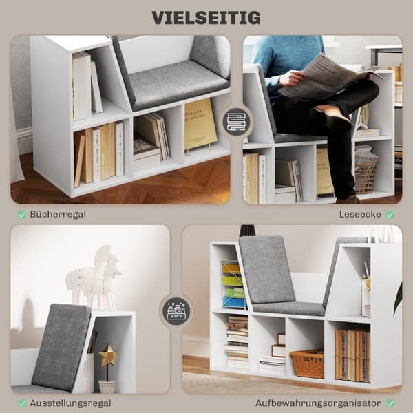 Bokhylle med sittepute, oppbevaringshylle med 6 rom, linlook, liten bokhylle til stue, soverom, 105 x 30 x 63 cm, hvit