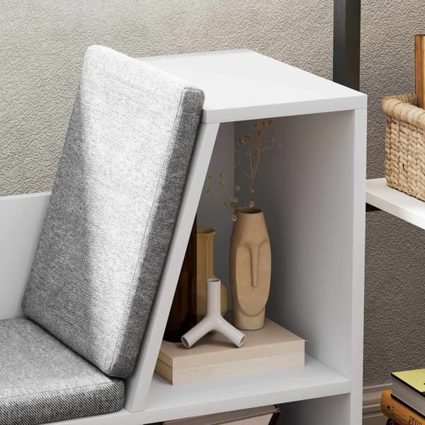 Bokhylle med sittepute, oppbevaringshylle med 6 rom, linlook, liten bokhylle til stue, soverom, 105 x 30 x 63 cm, hvit