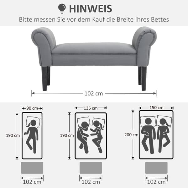 Sengebenk, polstret benk, benk, gangbenk for soverom, bæreevne opptil 130 kg, seilstoff, mørkegrå, 102 x 36 x 51 cm