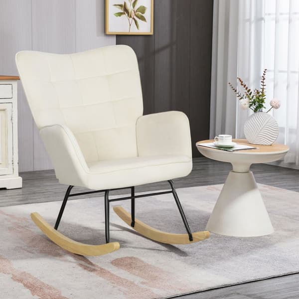 Gyngestol, gyngestol med fløyelslook, armlener, lenestol med treløpere, avslapningsstol for stue, soverom, beige