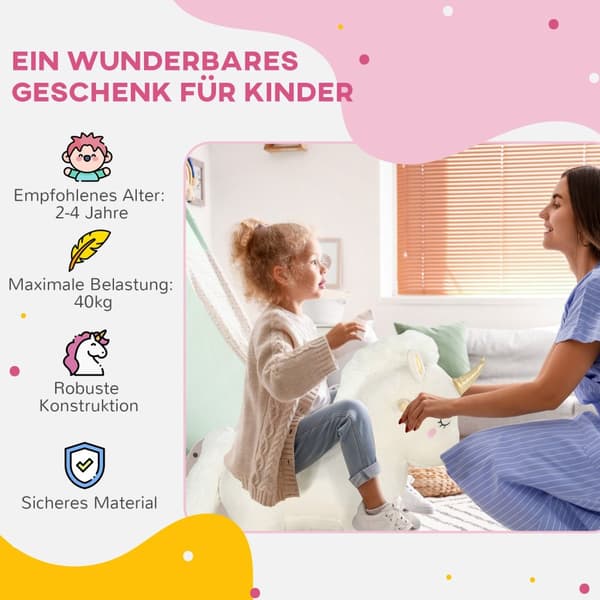 Gyngelegetøj med enhjørning design, lyd, blødt sæde, til 2-4 år børn, plys, hvid