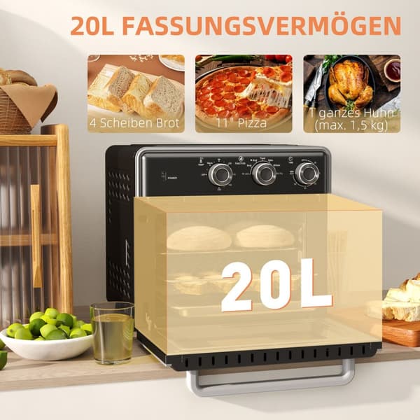 Miniovn med cirkulationsluft 20L miniovn med bageplade, grillrist og krummebakke, 90°C-230°C varmluftfriture med 5 tilstande, stegekurv, 60 min. timer