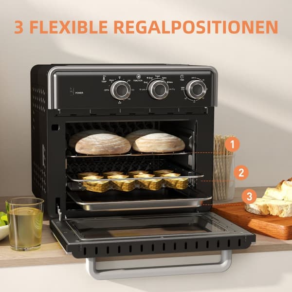 Miniovn med cirkulationsluft 20L miniovn med bageplade, grillrist og krummebakke, 90°C-230°C varmluftfriture med 5 tilstande, stegekurv, 60 min. timer