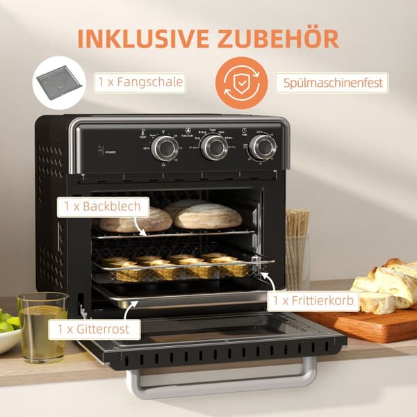 Miniovn med cirkulationsluft 20L miniovn med bageplade, grillrist og krummebakke, 90°C-230°C varmluftfriture med 5 tilstande, stegekurv, 60 min. timer