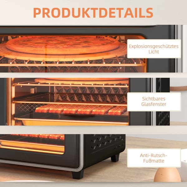 Miniovn med cirkulationsluft 20L miniovn med bageplade, grillrist og krummebakke, 90°C-230°C varmluftfriture med 5 tilstande, stegekurv, 60 min. timer