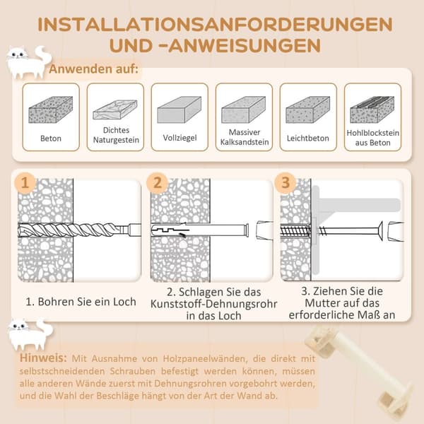 Kissan kiipeilyseinäsetti, 4-osainen kissan kaluste istuintasolla, kulmataso, leikkipallo ja jousiraapimislauta, kissoille enintään 5 kg, pehmo, beige