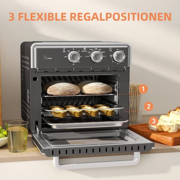 Miniovn med cirkulationsluft 20L miniovn med bageplade, grillrist og krummebakke, 90°C-230°C varmluftfriture med 5 tilstande, stegekurv, 60 min. timer