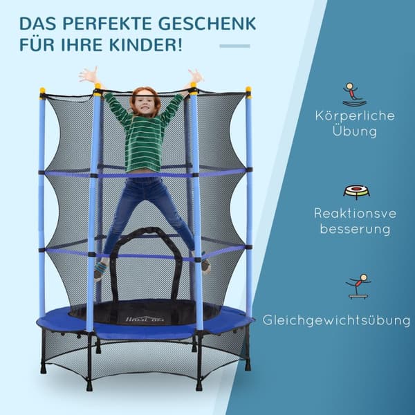 Børnetrampolin Ø140 cm, trampolin med sikkerhedsnet, kantafdækning, havetrampolin til børn 3-10 år, bæreevne op til 50 kg, blå