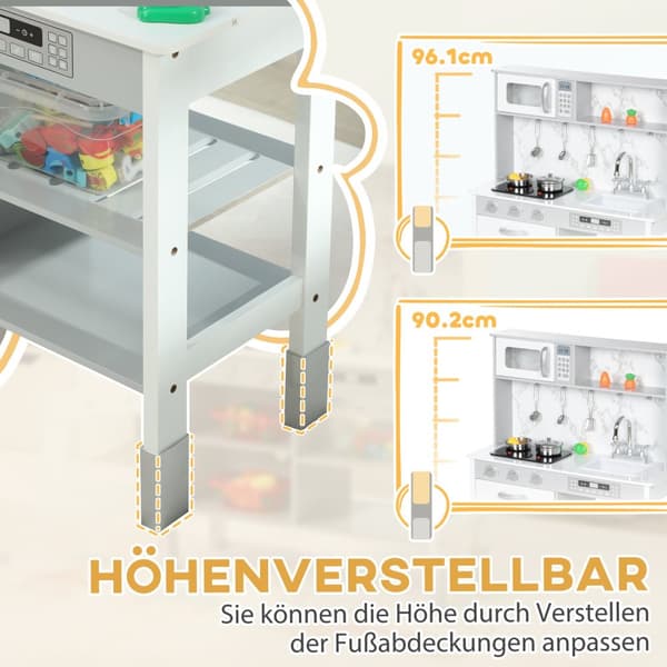 Barnekjøkken lekekjøkken med elektrisk komfyr, mikrobølgeovn, vask og kran, høydejusterbart dukkekjøkken med kokekarsett, rollelek kjøkkentilbehør for