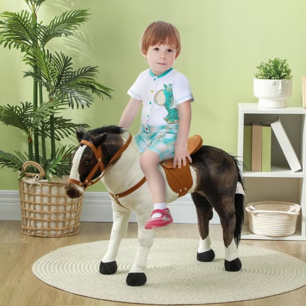 Ridehest med lydfunktion, 48 cm højde legehest til ridning med sadel og trense, stående hest til børn 3-8 år, metal, brun + cremehvid