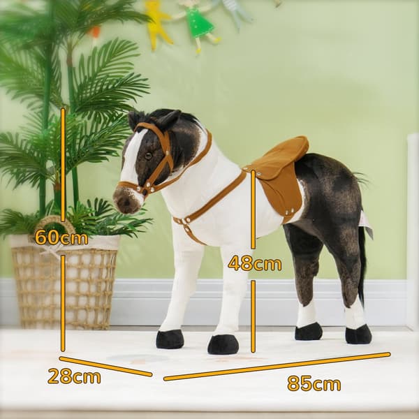 Ridehest med lydfunktion, 48 cm højde legehest til ridning med sadel og trense, stående hest til børn 3-8 år, metal, brun + cremehvid