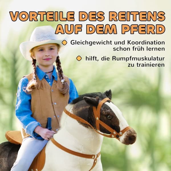 Ridehest med lydfunktion, 48 cm højde legehest til ridning med sadel og trense, stående hest til børn 3-8 år, metal, brun + cremehvid