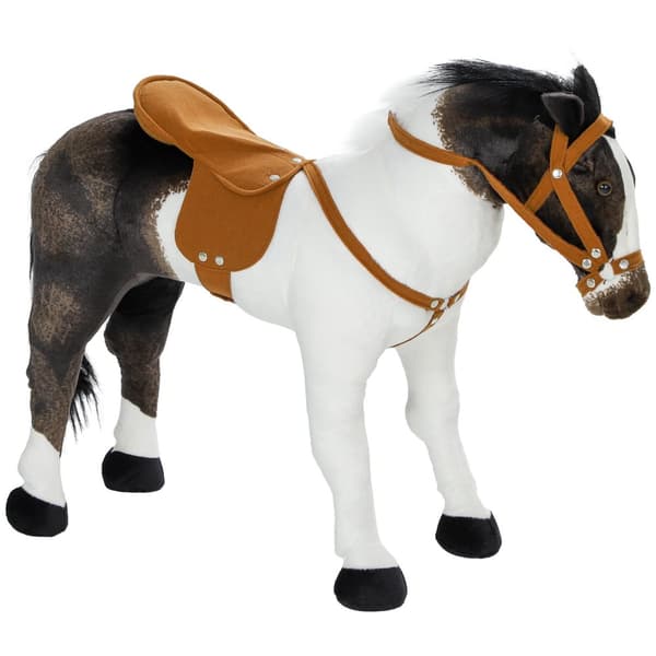 Ridehest med lydfunktion, 48 cm højde legehest til ridning med sadel og trense, stående hest til børn 3-8 år, metal, brun + cremehvid